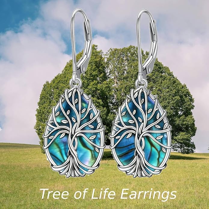 Tree of Life Earrings for Women Abalone Shell Drop Dangle Earrings Hypoallergenic Leverback Earrings Tree of Life Jewelry Gifts for Mom, Nature Lover