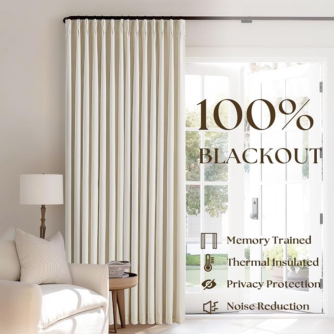 Cream Beige 100% Black Out Pinch Pleat Curtains 80 Inch Length 2 Panels | 2 Layer for 100% Blackout, Pinch Pleated with Hooks Rings Track Back Tab, Heat Blocking Soundproof, for Bedroom Living Room