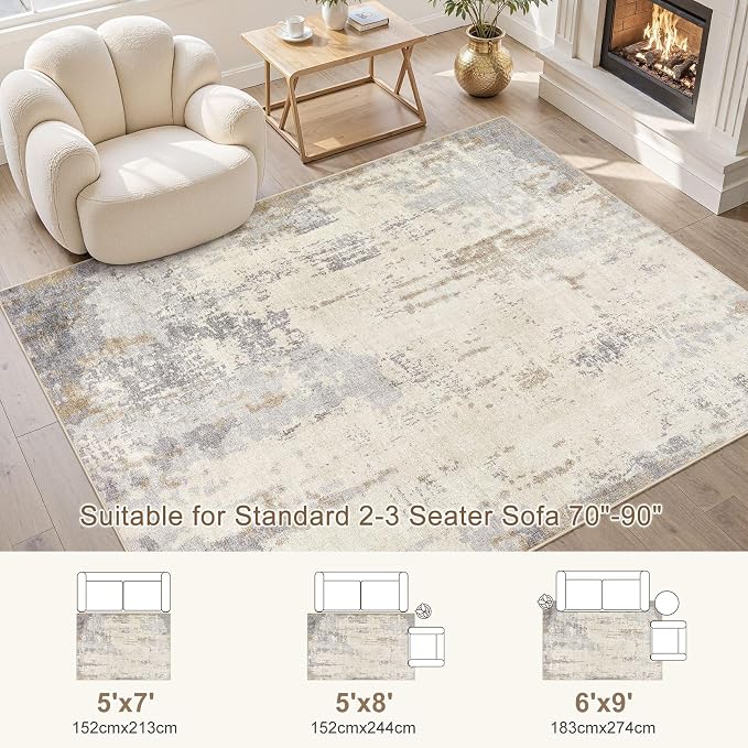 UERMEI 6x9 Area Rug Living Room Rugs - Washable Neutral Modern Abstract Soft Thin Rug Indoor Floor No Slip Rug Carpet for Bedroom Under Dining Table Home Office Decor - Light Brown/Gray