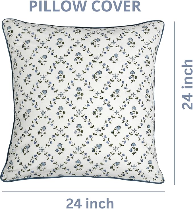 Ridhi Block Print Powder Blue Pillow Cover 24" x 24" (Pack of 2) Decorative Couch Pillows for Living Room, Farmhouse Chic Boho Cute Outdoor Pillows Covers Gifts for Spring, Mother's Day