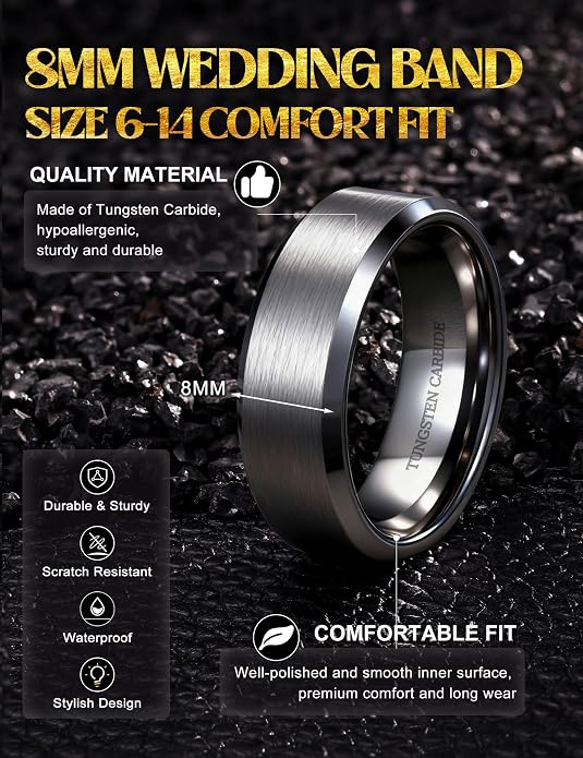 Jstyle Tungsten Mens Wedding Band 8MM Wedding Ring for Men Matte Surface - Beveled Polished Edge Anniversary Promise Rings, Men Ring Jewelry Comfort Fit Size 6-14