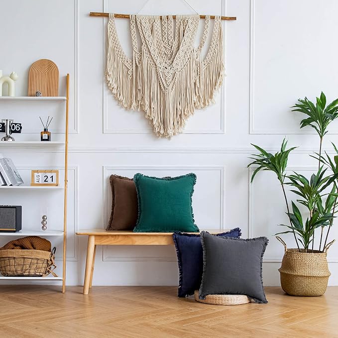 AmHoo Pack of 2 Linen Pillow Covers with Tassels Fringed Decorative Rustic Natural Throw Pillowcase Cushion for Couch Sofa Bedroom 18 x 18-Inch Navy Blue