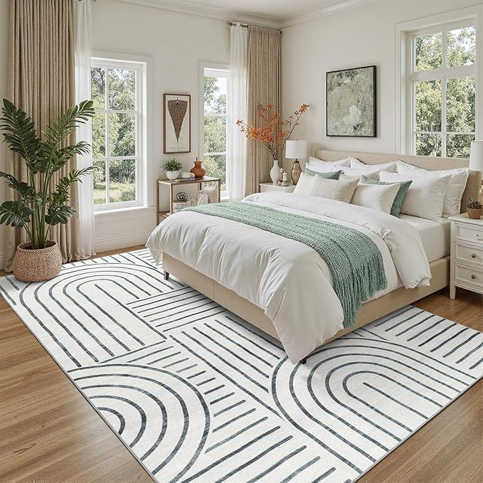 DCX Abstract Machine Washable 6x9 Rug, Gray Modern Accent Rug for Living Room, Soft Low Pile Non Slip Carpet, Kid & Pet Friendly Stain Resistant Rug for Bedroom Dining Room Office