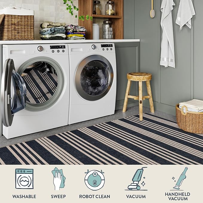 Lahome Striped Easy Jute Kitchen Runner Rug, 2x8 Washable Outdoor Rugs | Black Non Slip Indoor Entryway Runners, Modern Farmhouse Neutral Non Shedding Carpet for Hallway Porch Foyer Laundry Room