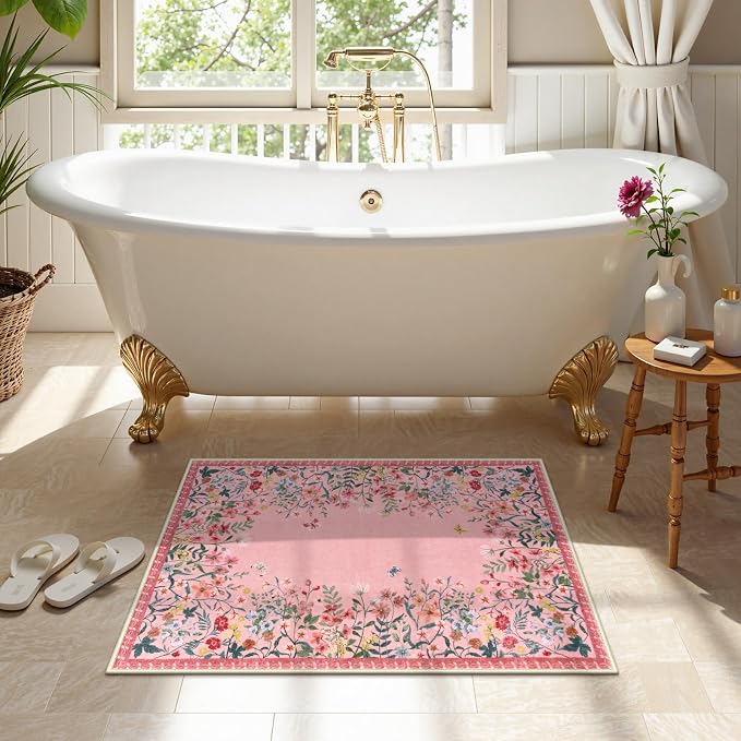 Wonnitar 2x3 Washable Area Rug, Small Pink Kitchen Mat, Boho Floral Bathroom Rug, Non Slip Accent Rug for Bedroom Bedside, Ultra Thin Laundry Door Mat Decor (2x3 Pink)
