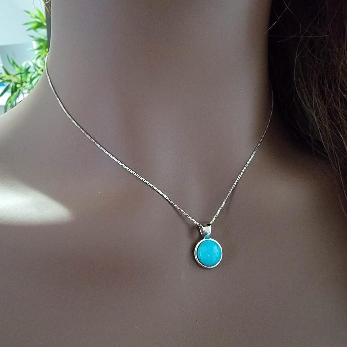 Natural gemstone 8mm round pendant with white gold over 925 sterling silver bezel cabochon plate and box chain, real genuine dainty birthstone gift for her, uniquelan jewelry