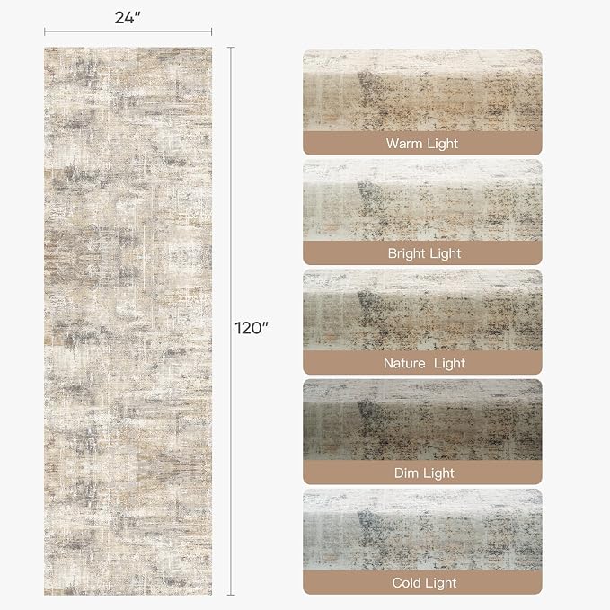 Lofus 2 x10 Area Rug for Hallways, Gold Abstract Washable Runner Rugs with Non Slip Rubber Backing, Low Pile Soft Carpet Runner for Kitchen Bathroom Bedroom Laundry