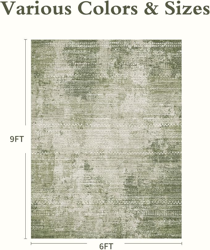 6x9 Area Rugs for Living Room Non Slip Machine Washable Rug Distressed Abstract Soft Indoor Carpet Neutral Boho Rug for Bedroom Dining Room Playroom Office, Green