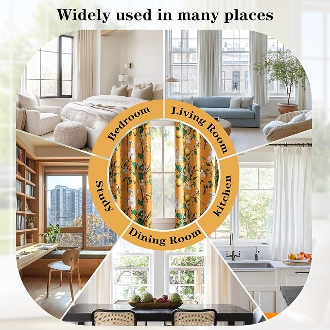 MYSKY HOME Floral Blackout Curtains 95 inches 2 Panels Set for Dining Room Vintage Mid Century Style Lemon Hummingbird Patterned Room Darkening Thermal Insulated Drapes Grommet, W52 per Panel, Yellow