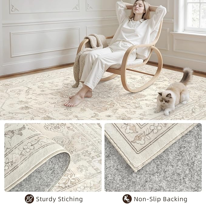 10x14 Area Rug for Living Room: Vintage Boho Neutral Washable Rug Indoor Soft Large Area Rug Carpet for Bedroom Nursery Farmhouse Dining Room Office Floor Non-Slip Low Pile Under Table Rug Beige White