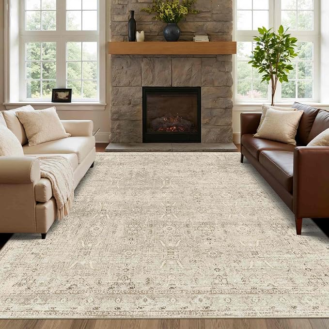 Rugxara Beige 8x10 Area Rugs for Living Room Bedroom Large Washable Rug | Rug for Dining Room Office, Non Slip, Stain Resistant, Soft, Low Pile, Vintage Boho Retro Carpet, Washable,Home Decor