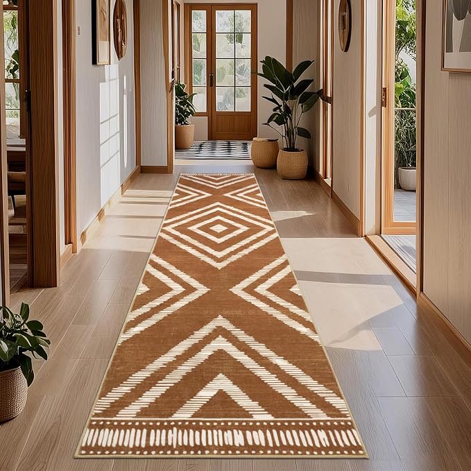 2x10Ft Boho Runner Rugs for Hallway Non Slip, Brown Washable Kitchen Rug Runners, Soft Moroccan Farmhouse Entryway Runner, Low Pile Geometric Floor Carpet for Bedroom Home Decor