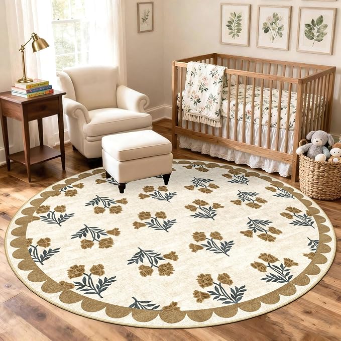 Beige 4ft Round Rug for Entryway - Washable Floral Boho Farmhouse Scalloped Round Area Rug for Bedroom Non Slip Stain Resistant Circle Rugs for Living Room Entryway Bathroom Nursery Apartment