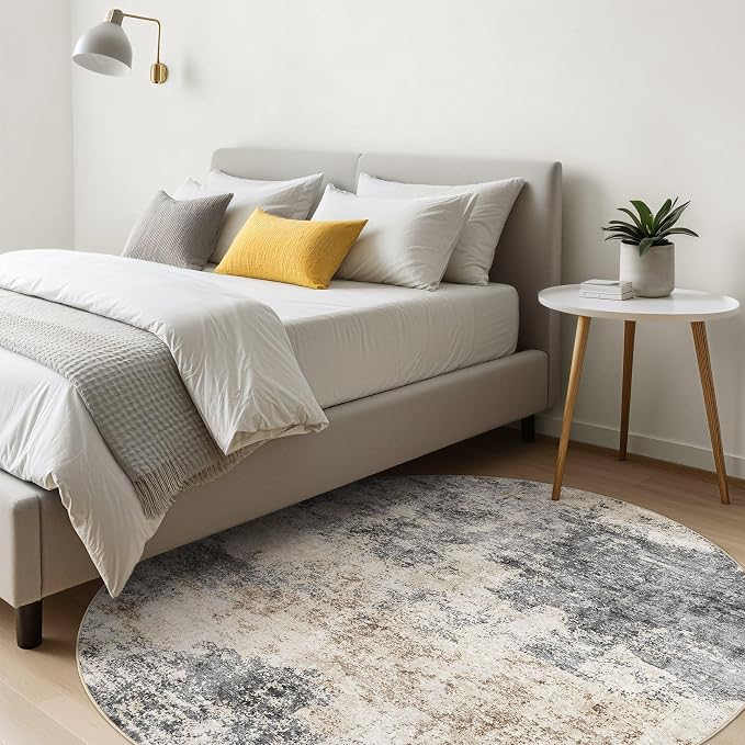 Round Rug Living Room Rugs: 8x8 Washable Circle Large Abstract Modern Soft Stain Resistant Non-Slip Indoor Floor Carpet for Bedroom Nursery Office Dining Room Dorm Home House- Grey Brown