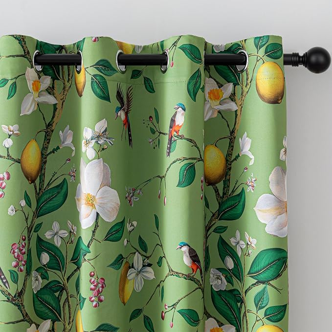 MYSKY HOME Floral Blackout Curtains 95 Inch Long for Living Room Vintage Farmhouse Room Darkening for Dining Room Bedroom Lemon Hummingbird Patterned Thermal Insulated Drapes, Pack-2, W52, Sage Green
