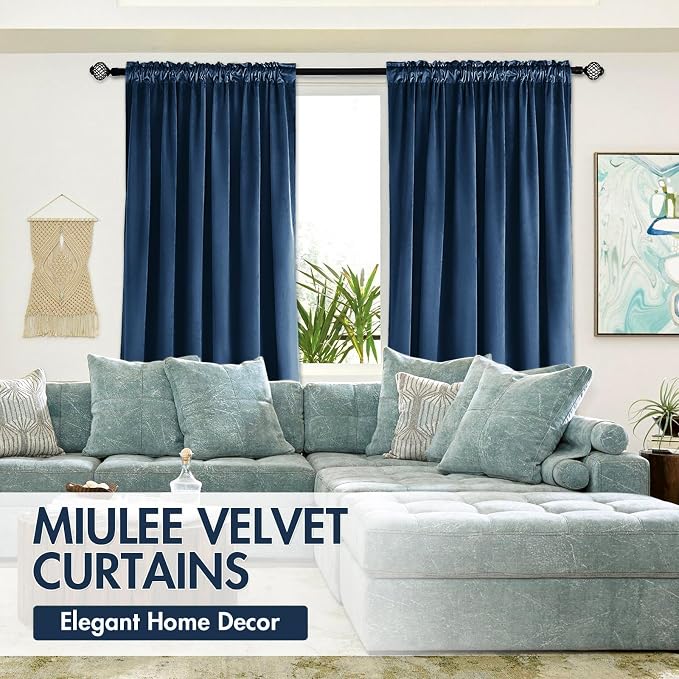 MIULEE Navy Blue Blackout Velvet Curtains Drapes 96 Inch Long 52"x96" | Luxurious Bedroom Living Room Decor, Room Darkening, Thermal Insulated, Rod Pocket Design, Super Soft Fabric