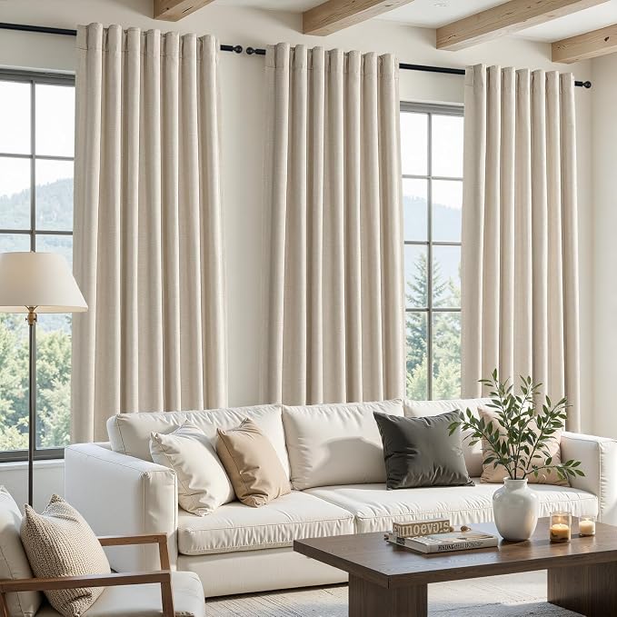 Topfinel Oatmeal Blackout Linen Textured 96 Inch Length 2 Panels Set, Rustic Thermal Insulated Sound Blocking Blackout Rod Pocket & Back Tab Panels for Serene Bedroom or Farmhouse Decor 52" W*96" L