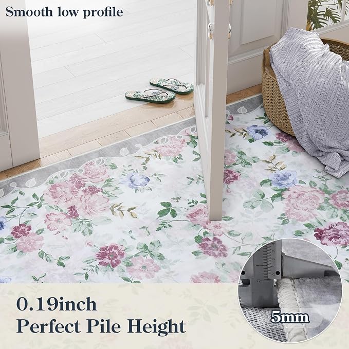 Lahome Vintage Floral 8x10 Rugs for Living Room,Large Boho Washable Rugs,Low Pile Bedroom Rug 8x10 Under Bed Carpet for Nursery Playroom Dining Room Nina (Purple/Grey)
