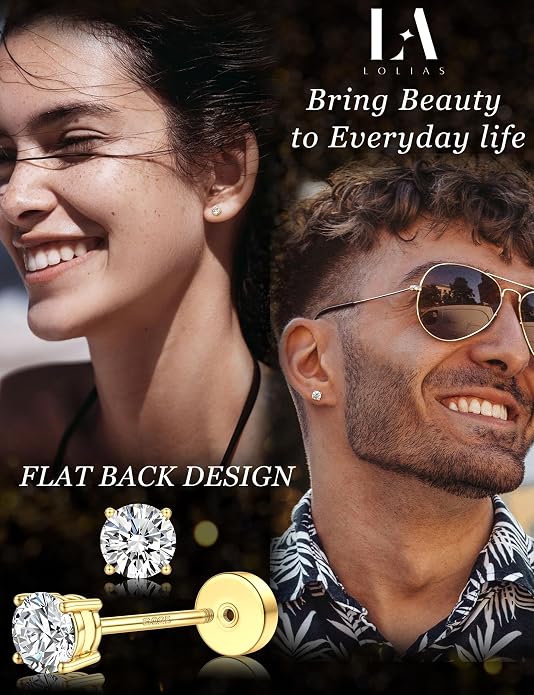 Moissanite Earrings for Men Women：Hypoallergenic Flat Back Earrings 925 Sterling Silver Stud Earring Small D Color VVS1 Moissanite 14K White Gold Plated Helix Cartilage Earring Studs Gift Jewelry