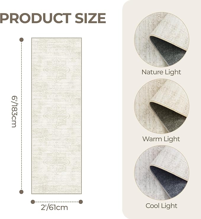 2x6 Runner Rug Non Slip,Washable Hallway Runner Rug,Beige | Neutral Rugs for Kitchen,Entryway,Bedroom,Bathroom,Nursery Room,Thin,Soft Runner Rug,Stain Resistant Indoor Carpet