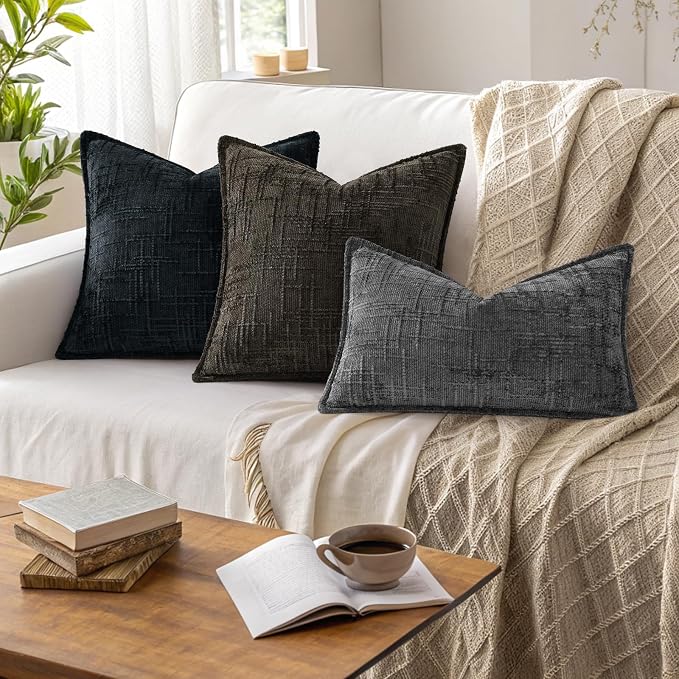 decorUhome Chenille Throw Pillow Covers 16x16 Set of 2,Chocolate | Soft Texture, Slubby Modern Design, Flange Edges, Cozy Accent Pillow Covers for Couch, Sofa, Bed, Living Room