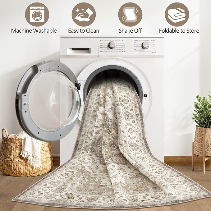 8x10 Area Rugs Living Room: Washable Boho Large Neutral Vintage Soft Rug Stain Resistant Farmhouse Non-Slip Indoor Floor Carpet for Bedroom Nursery Kids Playroom Office Dining Room Home- Brown Beige