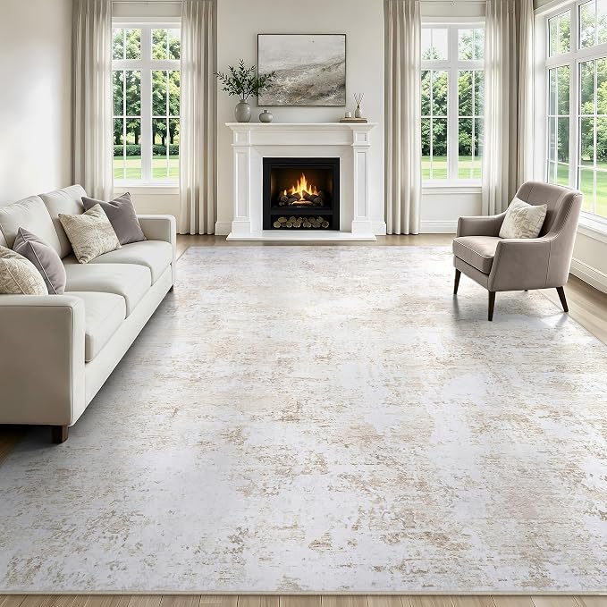 9x12 Area Rugs Living Room Rug Modern Abstract Neutral Washable Rugs Non Slip Soft Carpet Large Area Rug Low Pile Stain Resistant Non Shedding for Bedroom Nursery Dining Room Home Office Beige White