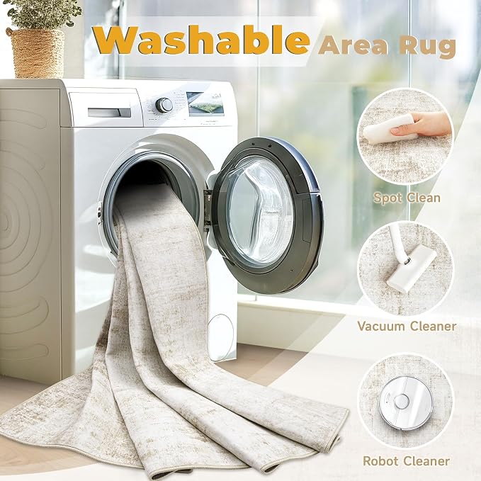 5x7 Area Rug for Living Room: Washable Abstract Soft Rugs Non Slip Modern Stain Resistant Low Pile Carpet for Dining Room Bedroom Nursery Office (Beige, 5'x7')