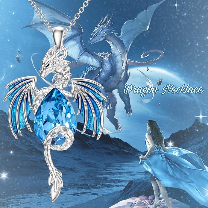 Dragon Necklace for Men Sterling Silver Birthstone Wyvern Necklace Embllished with Teardrop Shaped Crystal Jewelry for Women