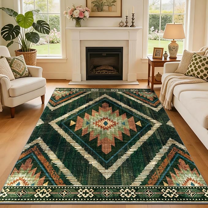 4x6Ft Boho Area Rugs Non Slip, Green Washable Rug for Living Room, Soft Bedroom Carpet, Low Pile Moroccan Entryway Area Floor Carpets for Dining Room Kids Nursery Farmhouse
