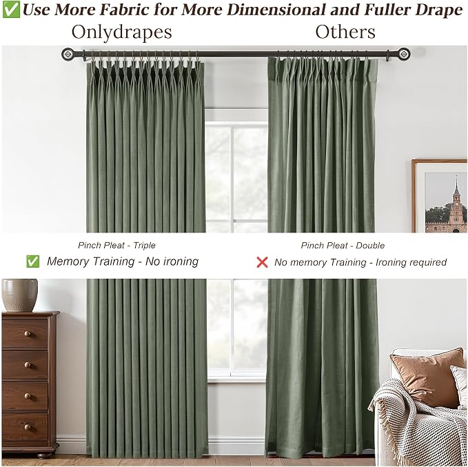 Sage Green Pinch Pleated Linen Curtains 84 Inch Length 2 Panels for Living Room Bedroom Semi Sheer Window Drapes Light Filtering Privacy Boho Farmhouse Pinch Pleat Curtain 84 Inches with Hooks Rings