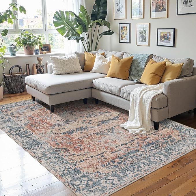 Rugxara 4x6 Area Rug for Living Room Bedroom Washable Rug, Coral Blue | Non Slip, Throw Rug for Entryway Dining Room Office Kids Room, Stain Resistant, Soft, Low Pile, Vintage Boho Retro Carpet