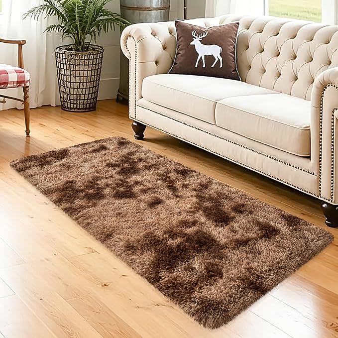 2x5 Feet Soft Fluffy Brown Runner Rug for Bedroom, Washable Plush Shag Carpet for Living Room, Hallway, Nursery, Dorm, Fuzzy Bedside Rug for Kids Girls Room, Home Decor