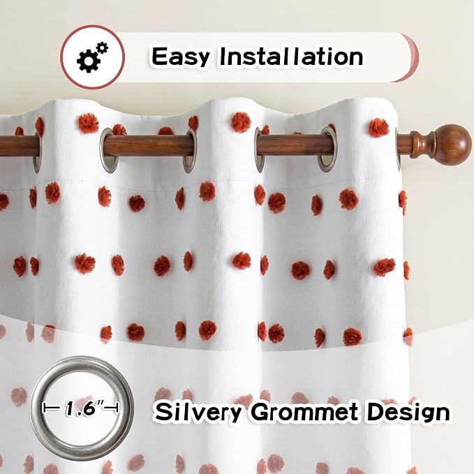MYSKY HOME Boho Blackout Curtains 84 Inches Long for Bedroom 100% Room Darkening Curtain for Living Room Grommet Thermal Insulated Window Drapes with Terracotta Pom Pom Sheer 52W x 84L, 2 Panels
