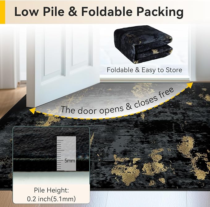 RELEANY Washable Area Rugs 6ft Non-Slip Modern Abstract Soft for Living Room Entryway Bedroom Kitchen, Print Pattern, Dark Black Gold
