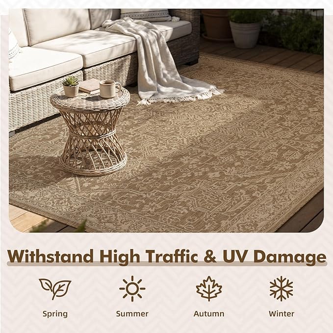 MontVoo-2x8 ft Indoor Outdoor Runner Rugs for Entryway Porch Hallway Kitchen Door Entrance Long, Textured Weave Polypropylene, Durable for High Traffic, Fade-Resistant, Vintage Medallion Neutral Brown