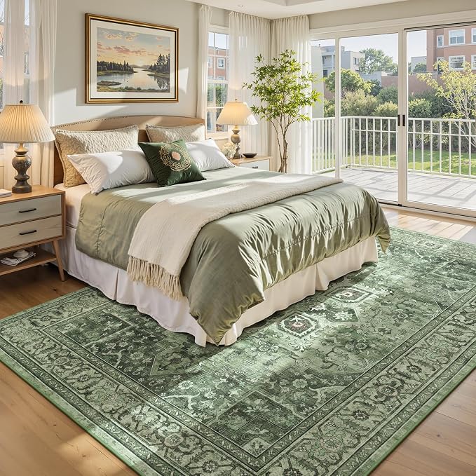 Sage Green 9x12 Vintage Boho Rug for Living Room - Washable Dining Room Rugs Under Table, Soft Low Pile Floral Moss Green Carpet for Bedroom, Non-Slip Bohemian Large Rug for High Traffic Area
