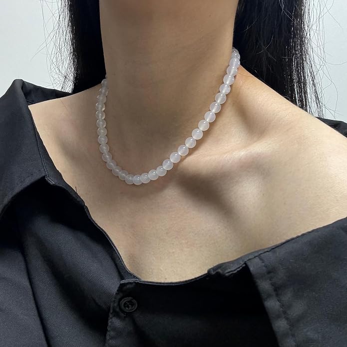 Kakikaki Natural Agate Choker Necklace Sterling Silver Round Beads Strand Necklace for Women