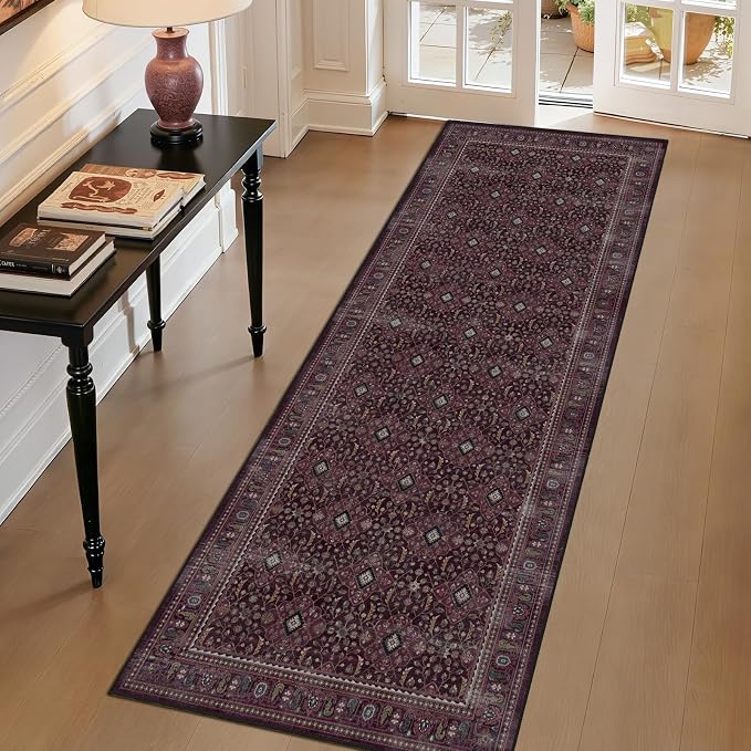 Fig 2x6 Hallway Runner Rugs Non Skid Washable, Earth Tone Dark Academia Carpet Runners for Ktichen 6ft, Luxurious Boho Vintage Floral Trellis Runner for Bedroom/Bathroom/Entryway/Laundry Room