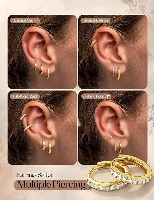Jstyle 17 Pairs Hypoallergenic Gold Hoop Earrings for Women Flat Back Earrings for Women Surgical Stainless Steel Earrings for Sensitive Ears Small Hoop Cartilage Earring Stack Piercing Jewelry Set