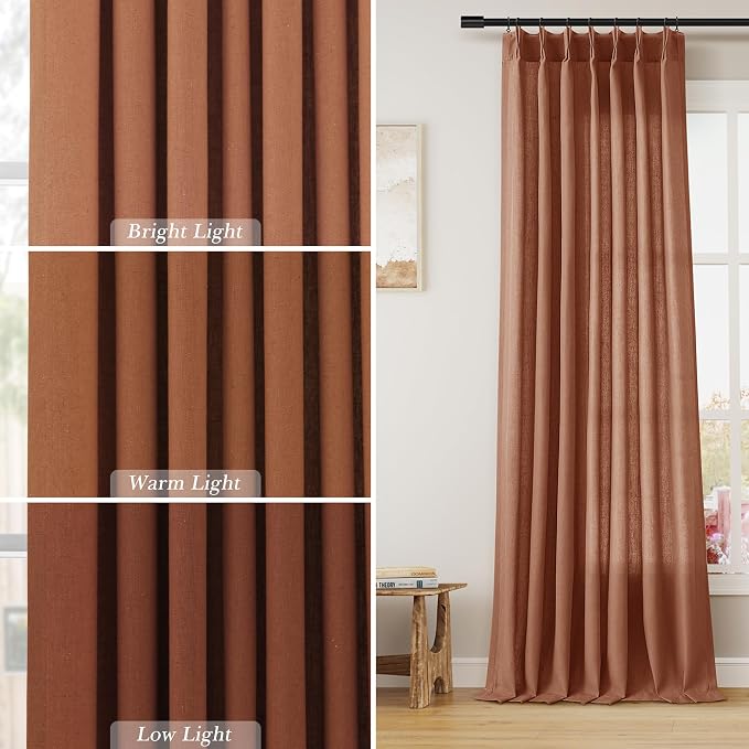 Aersas Rust Pinch Pleated Linen Curtains 90 Inches Long for Living Room Bedroom Rustic Neutral Semi Sheer Pleat Drape Back Tab Light Filtering Patio Door Curtain 2 Panels 40x90