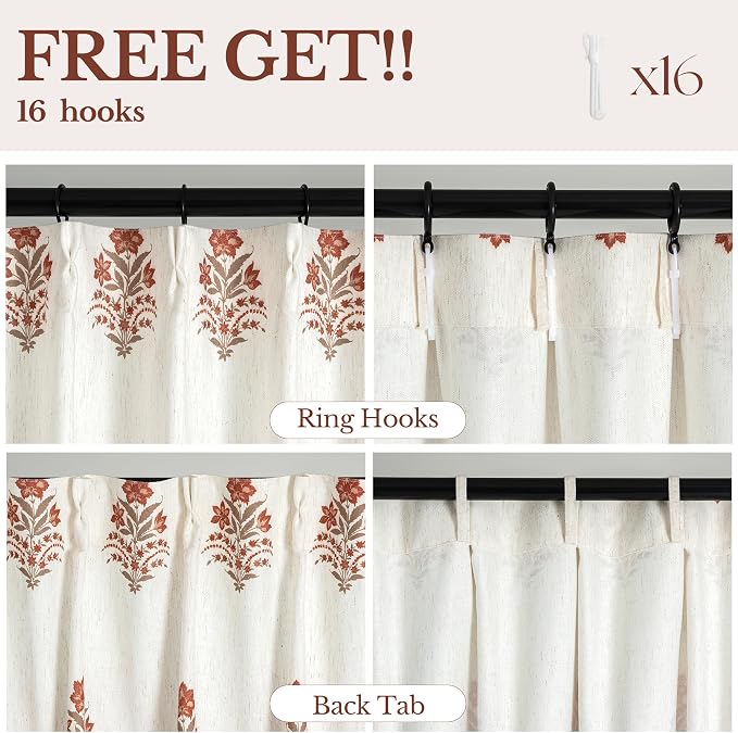 Pinch Pleated Curtains for Living Room: Light Filtering Floral Curtains 84" White Brown Linen Blend Drapes for Bedroom Dining Room Nursery, OEKO-TEX Certified, Easy Care, 2 Panels Set, 40"x84"