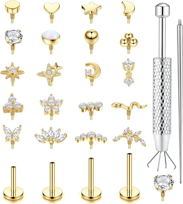 Flat Back Stud Earrings for Women Hypoallergenic Surgical Steel Internal Thread CZ Stud Piercing Jewelry for Tragus Helix Conch Cartilage 14K Gold/Silver Plated Nose Lip Labret Medusa Piercing 16G 18G