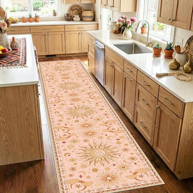 Vacuum-Friendly, 2x10 Washable Area Rug, Pink Gold Beige Red | Sun and Moon Boho Gothic Non-Slip Low Pile Living Roon Bedroom Dining Room Kitchen Entry Entryway Entrance Hallway Doormat