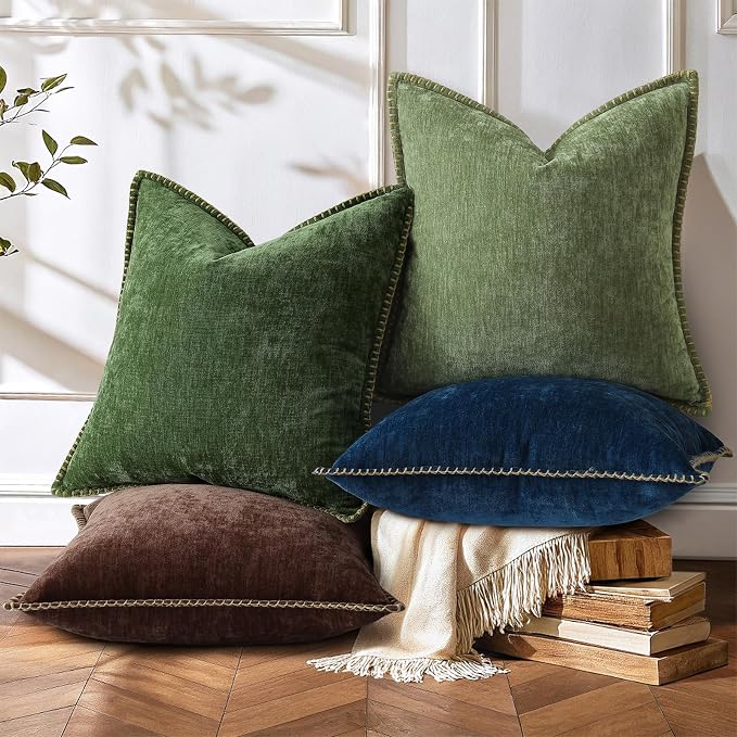 decorUhome Soft Chenille Throw Pillow Covers 26x26 Set of 2 Olive Green | Fall Textured Decorative Throw Pillow Cases Stitched Edge Modern Farmhouse Luxury Boho Velvet for Couch Sofa Bed Home Decor