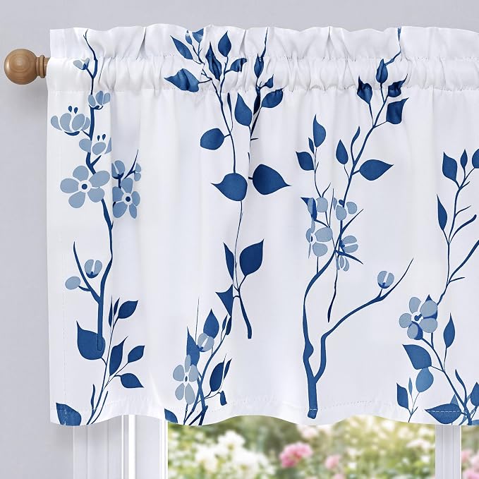 Beauoop Floral Valance Curtains for Kitchen Navy Blue 52X18 Inch 1 Panel | Flower Patterned Navy White Blackout Short Curtains for Living Room Bedroom Cafe Thermal Small Window Curtains Rod Pocket