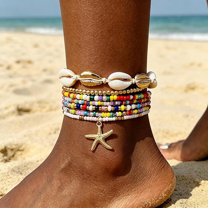 Boho Beaded Shell Anklet Bracelets for Women, 7 Pcs Layered Cowrie Shell & Colorful Beaded Ankle Bracelets with Gold Starfish Charm, Adjustable Summer Beach Foot Jewelry Gifts