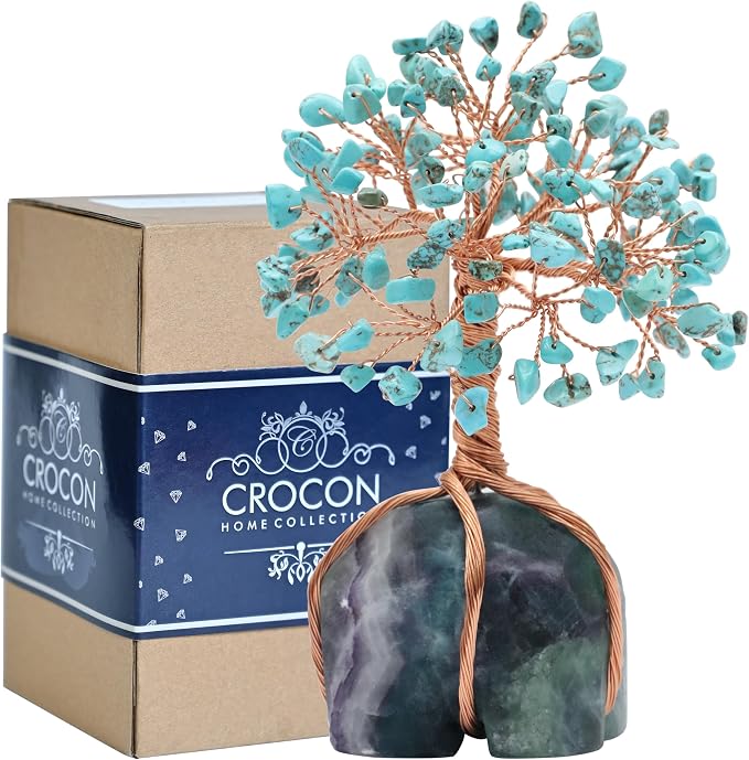 Crocon Howlite Green Turquoise Gemstone Money Tree with Fluorite Rough Wire Wrapped Base | Feng Shui Bonsai | Ornament Figurine | Chakra Balancing | Reiki Crystal Healing | Spiritual | Decor Size 5-6"