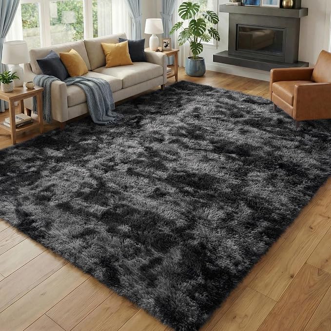 Fluffy 5x7 Area Rugs for Bedroom: Tie-dye Dark Grey Soft Shag Rug for Living Room, Large Fuzzy Plush Indoor Floor Carpet Non Slip Modern Rug for Nursery Boys Girls Kids Room Playroom Dorms Home Decor