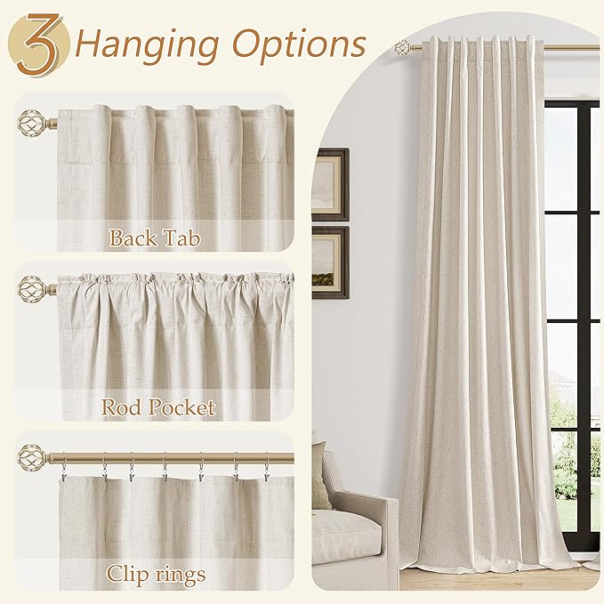 Guken 100% Blackout Linen Curtains for Bedroom 84 inches Long, Thermal Insulated Room Darkening Black Out Drapes for Living Room, Back Tab Rod Pocket 2 Panels Set,Cream Beige,52x84